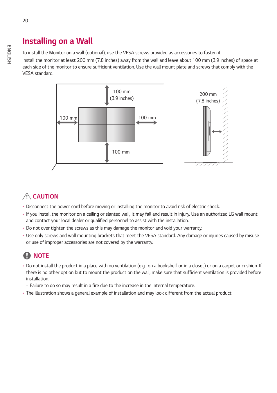Installing on a wall | LG VL5G-M 49" Full HD IPS LED Video Wall Display User Manual | Page 20 / 37