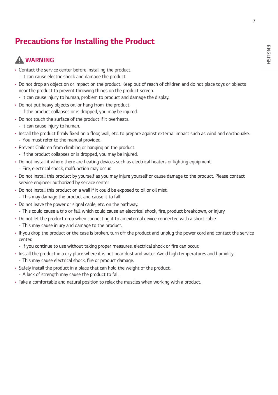 Precautions for installing the product, Warning | LG VL5G-M 49" Full HD IPS LED Video Wall Display User Manual | Page 7 / 37