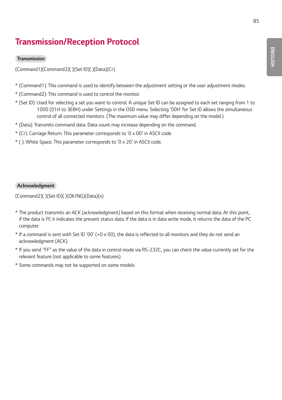 Transmission/reception protocol | LG 55TC3CG-H 55" 4K UHD HDR Touchscreen Commercial Monitor User Manual | Page 121 / 153