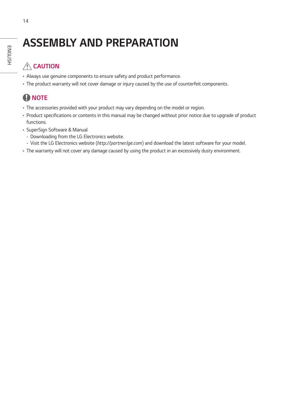 Assembly and preparation, Assembly and, Preparation | LG 55TC3CG-H 55" 4K UHD HDR Touchscreen Commercial Monitor User Manual | Page 14 / 153