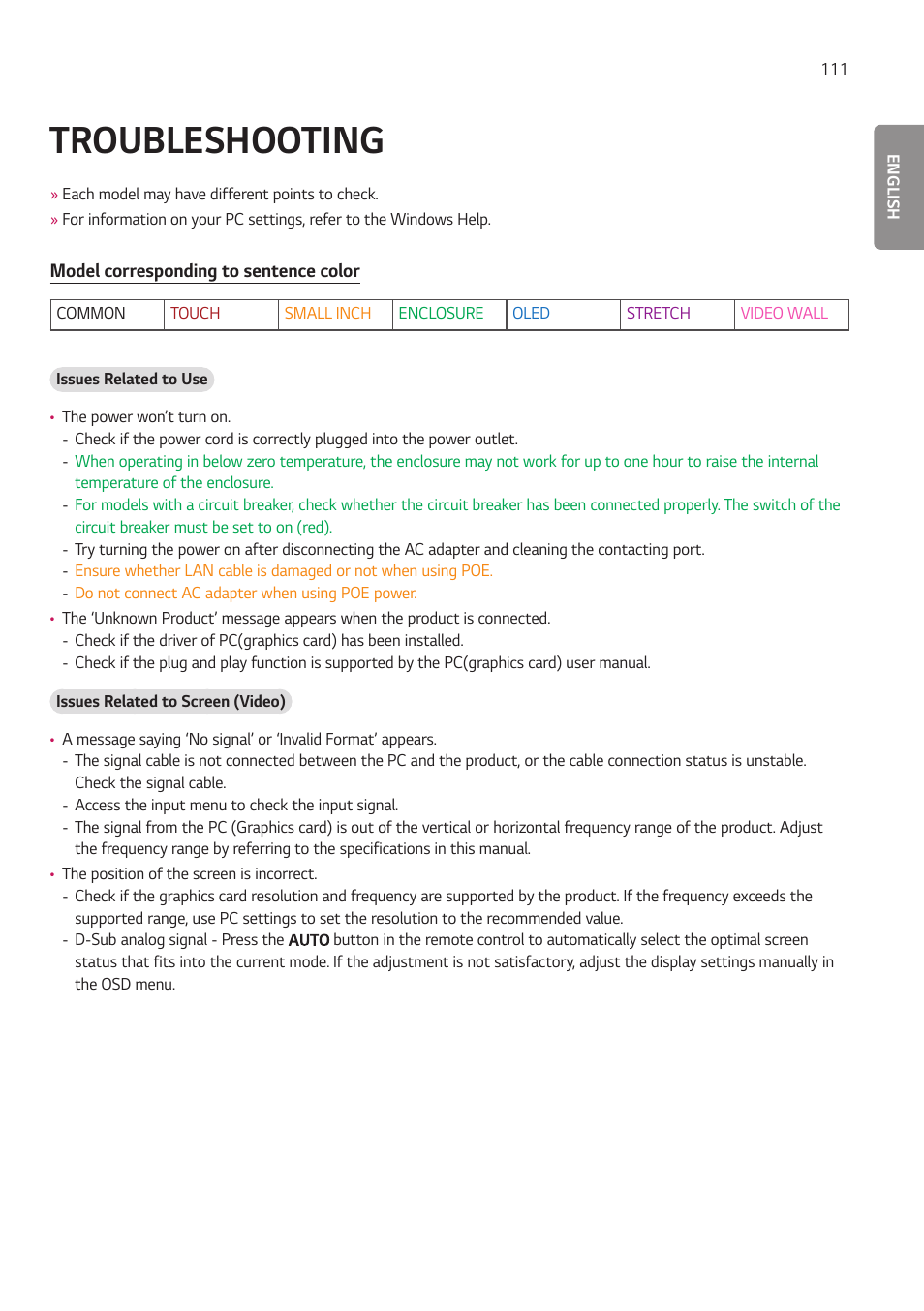 Troubleshooting | LG 55TC3CG-H 55" 4K UHD HDR Touchscreen Commercial Monitor User Manual | Page 147 / 153