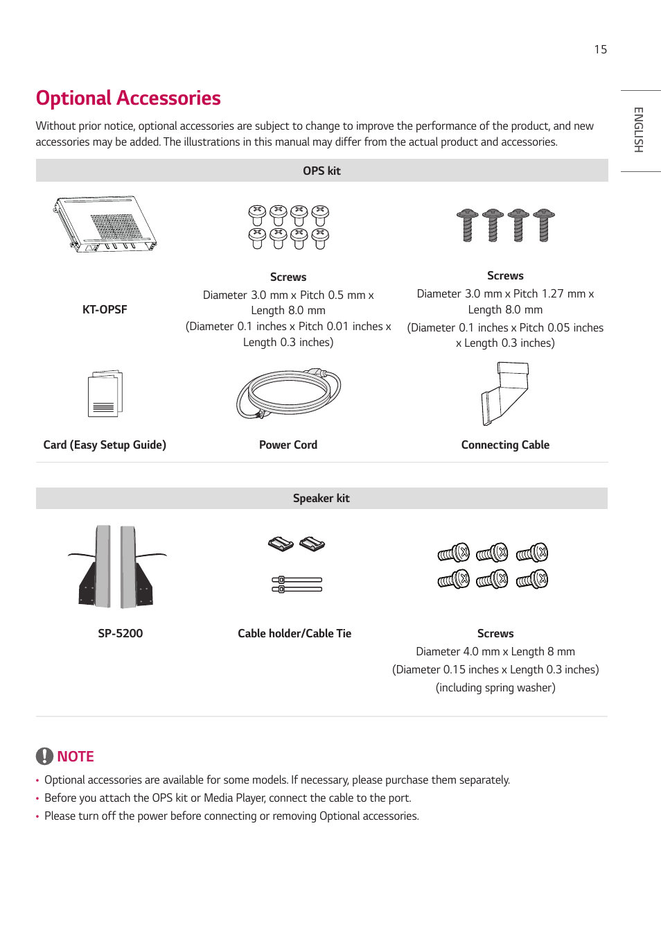 Optional accessories | LG 55TC3CG-H 55" 4K UHD HDR Touchscreen Commercial Monitor User Manual | Page 15 / 153