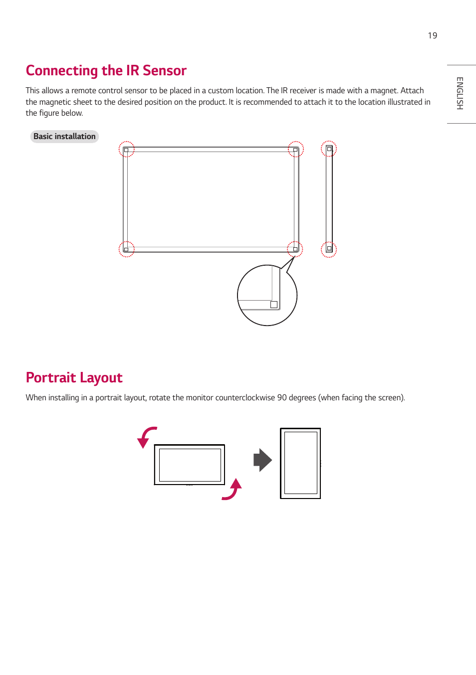 Connecting the ir sensor, Portrait layout | LG 55TC3CG-H 55" 4K UHD HDR Touchscreen Commercial Monitor User Manual | Page 19 / 153