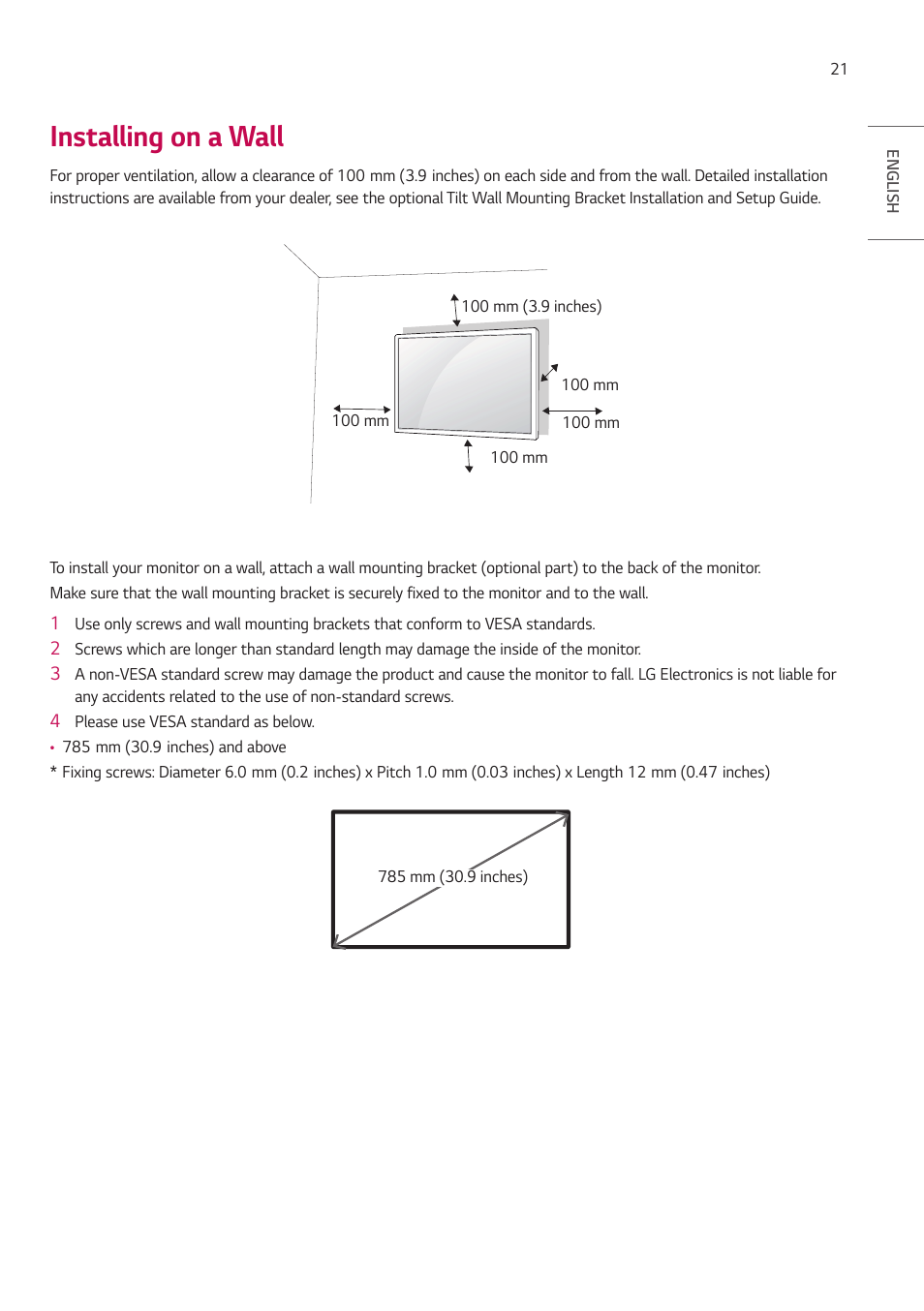 Installing on a wall | LG 55TC3CG-H 55" 4K UHD HDR Touchscreen Commercial Monitor User Manual | Page 21 / 153