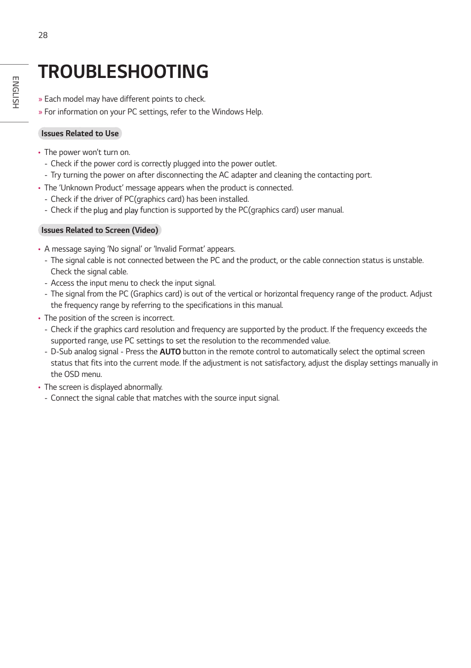 Troubleshooting | LG 55TC3CG-H 55" 4K UHD HDR Touchscreen Commercial Monitor User Manual | Page 28 / 153