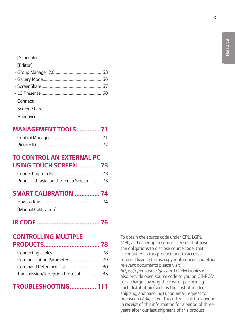 Management tools, Smart calibration, Ir code controlling multiple products | Troubleshooting | LG 55TC3CG-H 55" 4K UHD HDR Touchscreen Commercial Monitor User Manual | Page 39 / 153