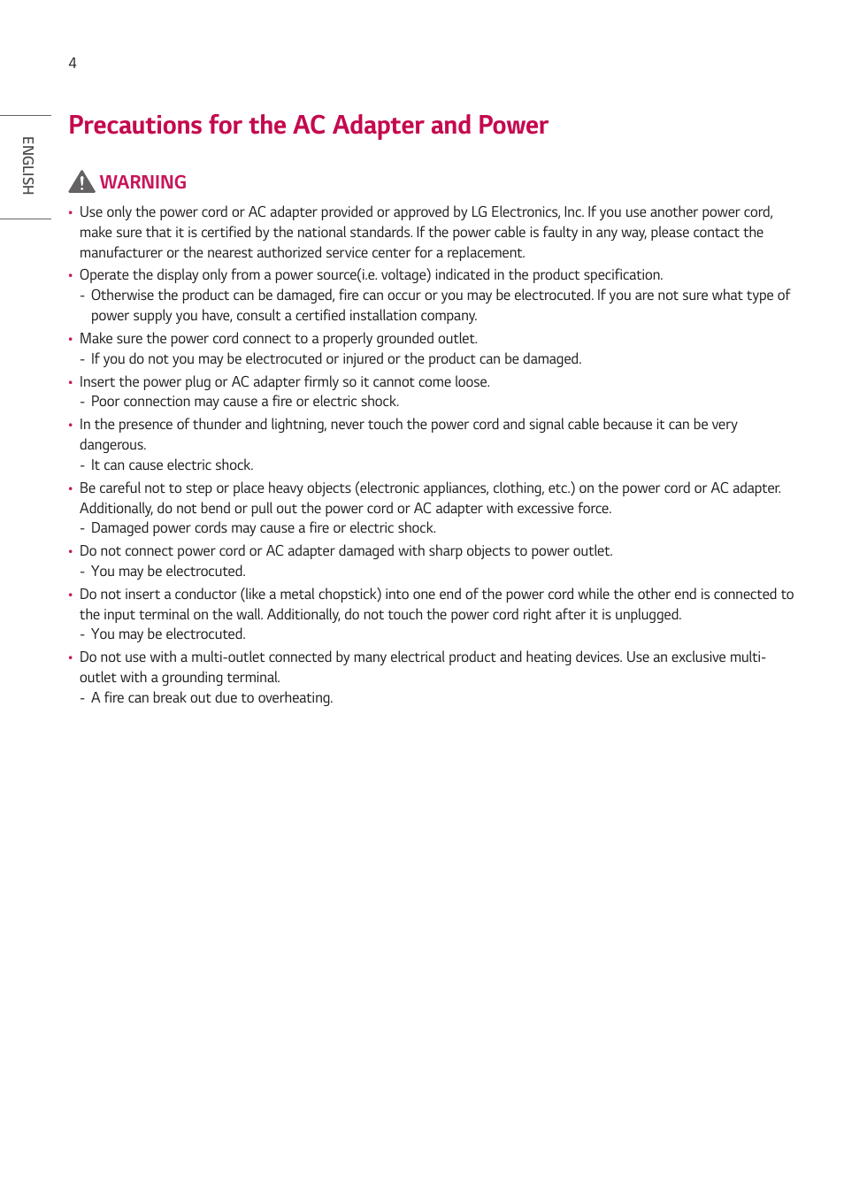 Precautions for the ac adapter and power, Warning | LG 55TC3CG-H 55" 4K UHD HDR Touchscreen Commercial Monitor User Manual | Page 4 / 153