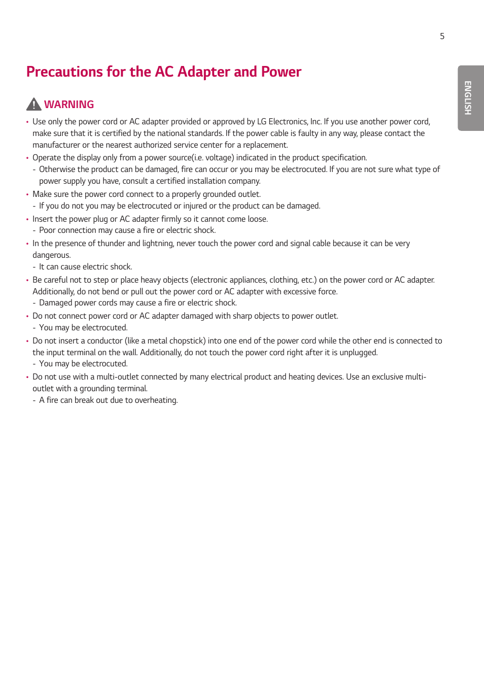 Precautions for the ac adapter and power, Warning | LG 55TC3CG-H 55" 4K UHD HDR Touchscreen Commercial Monitor User Manual | Page 41 / 153