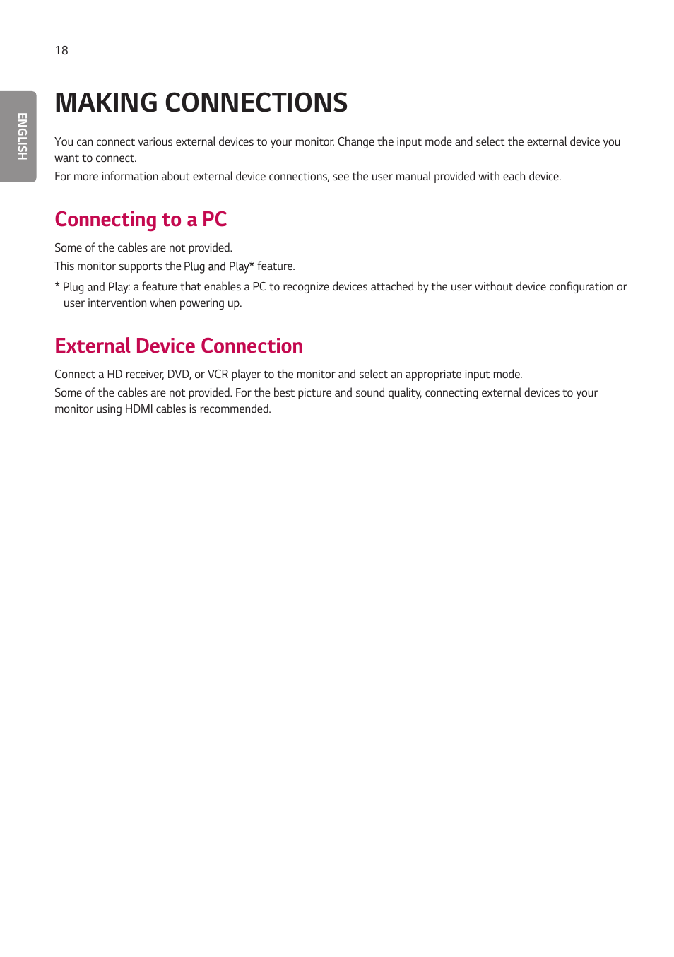 Making connections, Connecting to a pc, External device connection | LG 55TC3CG-H 55" 4K UHD HDR Touchscreen Commercial Monitor User Manual | Page 54 / 153