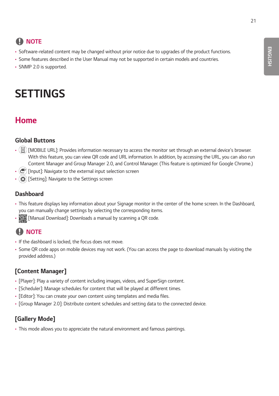 Settings, Home, Global buttons | Dashboard, Content manager, Gallery mode | LG 55TC3CG-H 55" 4K UHD HDR Touchscreen Commercial Monitor User Manual | Page 57 / 153