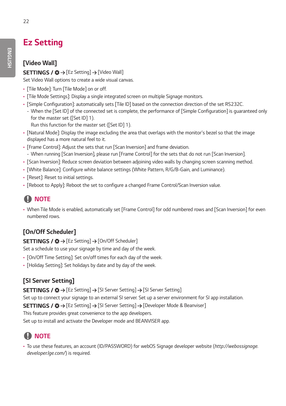 Ez setting, Video wall, On/off scheduler | Si server setting, Video wall] [on/off scheduler] [si server setting | LG 55TC3CG-H 55" 4K UHD HDR Touchscreen Commercial Monitor User Manual | Page 58 / 153