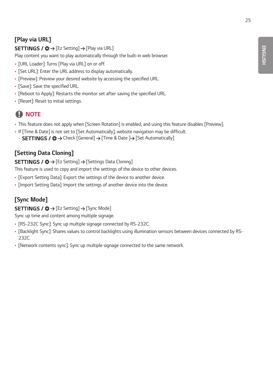 Play via url, Setting data cloning, Sync mode | Play via url] [setting data cloning] [sync mode | LG 55TC3CG-H 55" 4K UHD HDR Touchscreen Commercial Monitor User Manual | Page 61 / 153