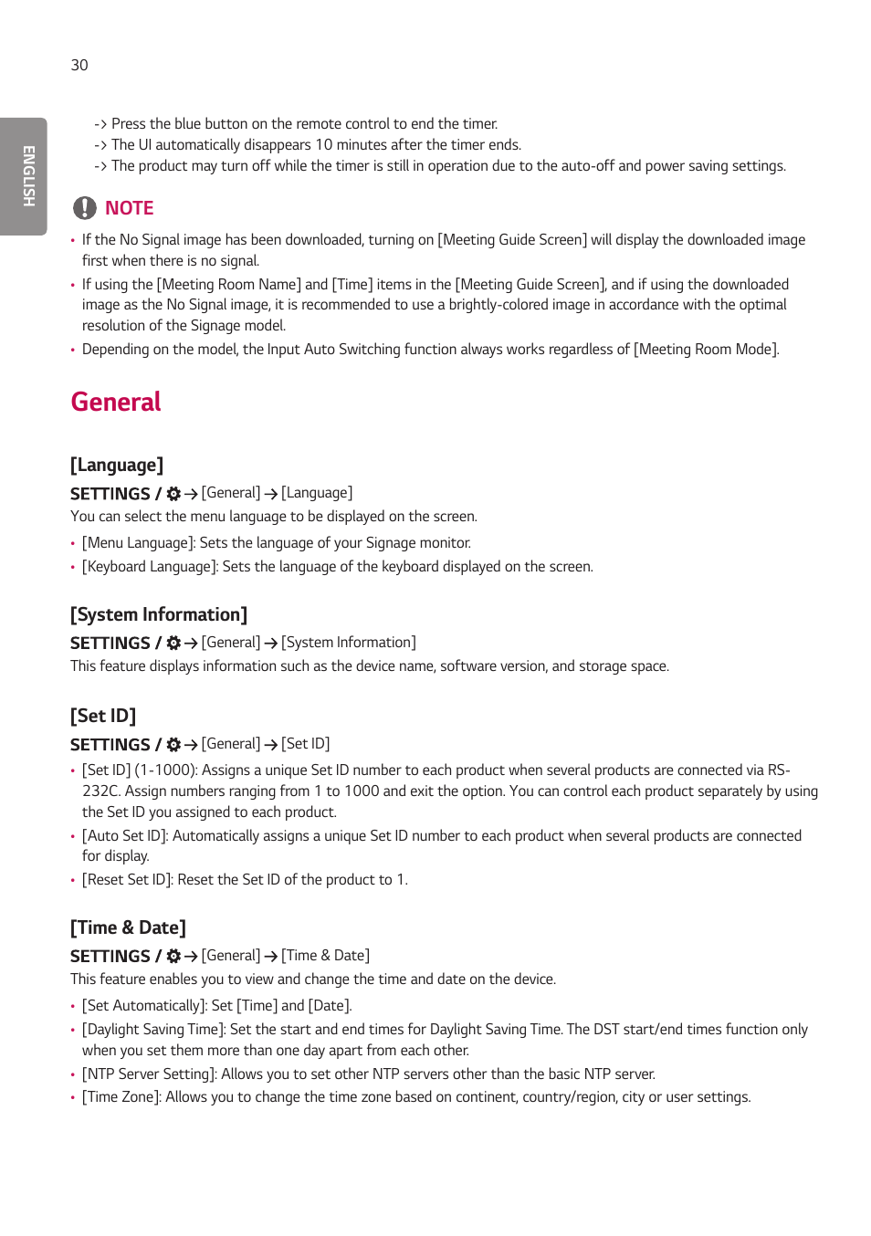 General, Language, System information | Set id, Time & date | LG 55TC3CG-H 55" 4K UHD HDR Touchscreen Commercial Monitor User Manual | Page 66 / 153