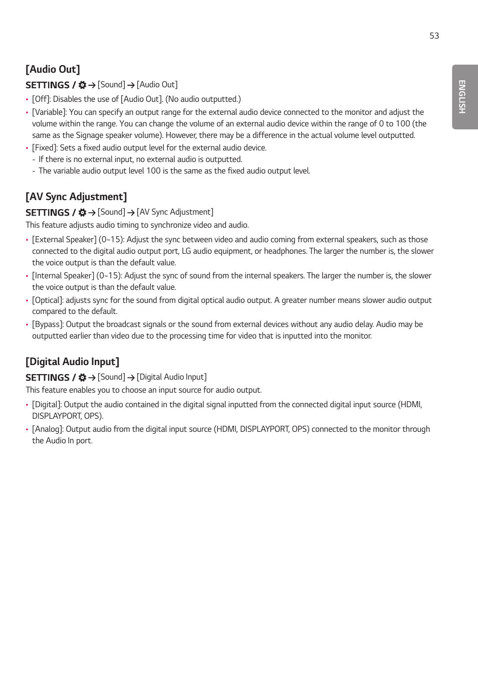 Audio out, Av sync adjustment, Digital audio input | LG 55TC3CG-H 55" 4K UHD HDR Touchscreen Commercial Monitor User Manual | Page 89 / 153