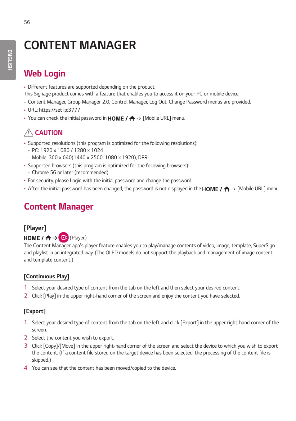 Content manager, Web login, Player | LG 55TC3CG-H 55" 4K UHD HDR Touchscreen Commercial Monitor User Manual | Page 92 / 153