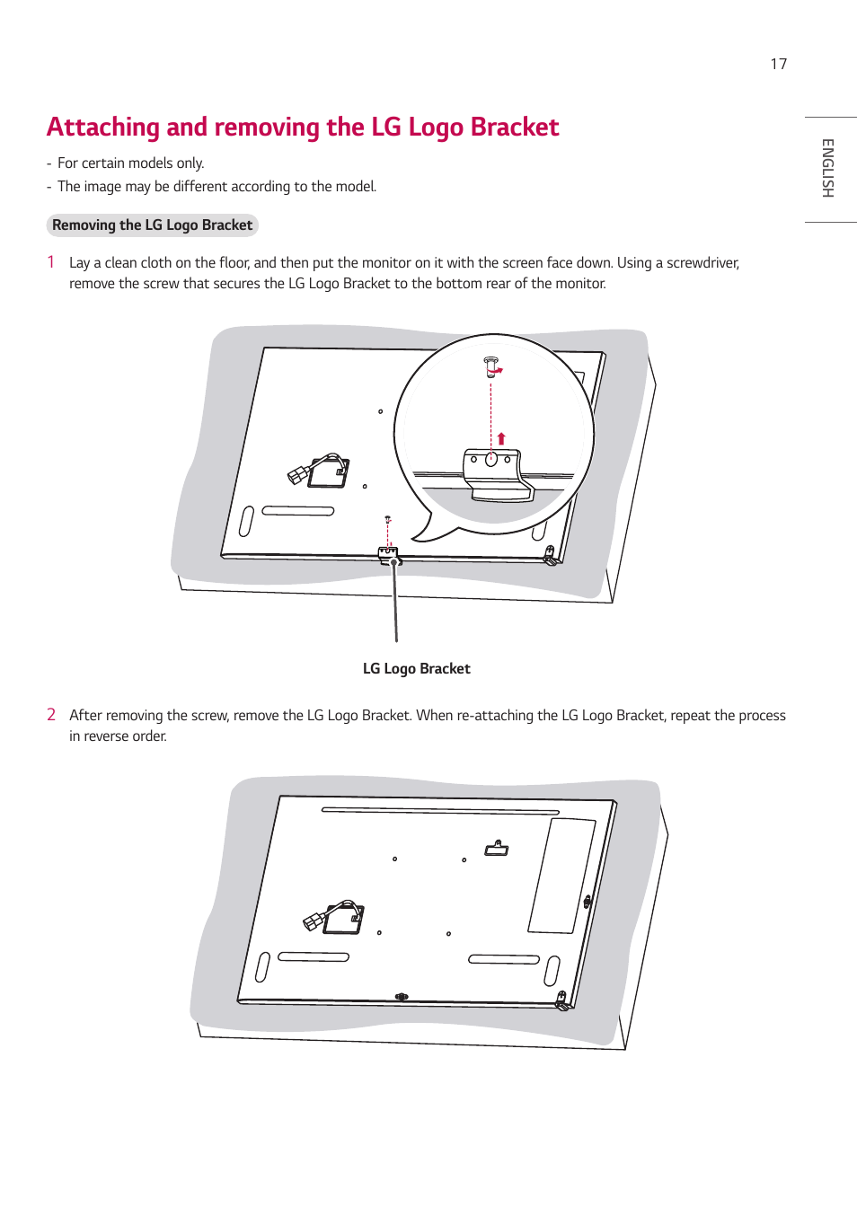 Attaching and removing the lg logo bracket | LG UH5F-H 65" Class 4K UHD Digital Signage & Conference Room SmIPS LED Display User Manual | Page 17 / 39