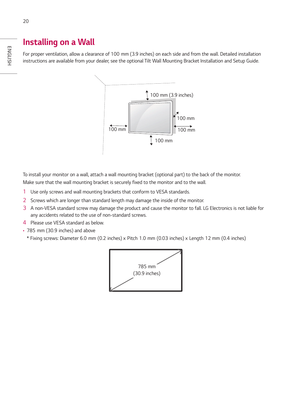 Installing on a wall | LG UH5F-H 65" Class 4K UHD Digital Signage & Conference Room SmIPS LED Display User Manual | Page 20 / 39