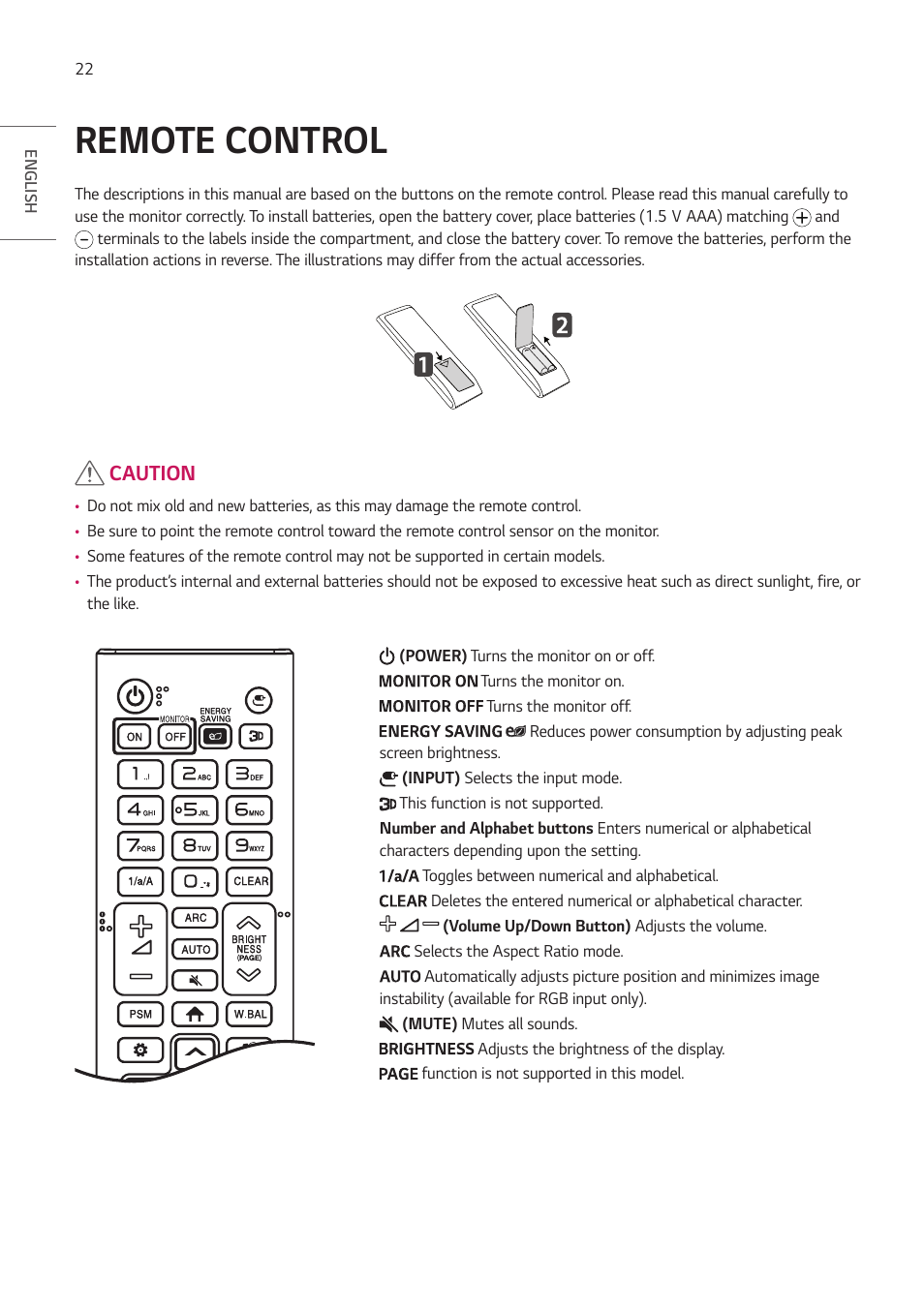 Remote control, Caution | LG UH5F-H 65" Class 4K UHD Digital Signage & Conference Room SmIPS LED Display User Manual | Page 22 / 39