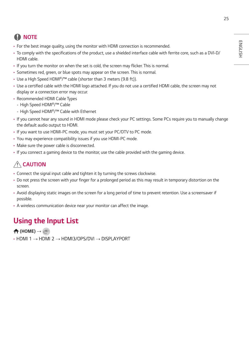 Using the input list, Caution | LG UH5F-H 65" Class 4K UHD Digital Signage & Conference Room SmIPS LED Display User Manual | Page 25 / 39