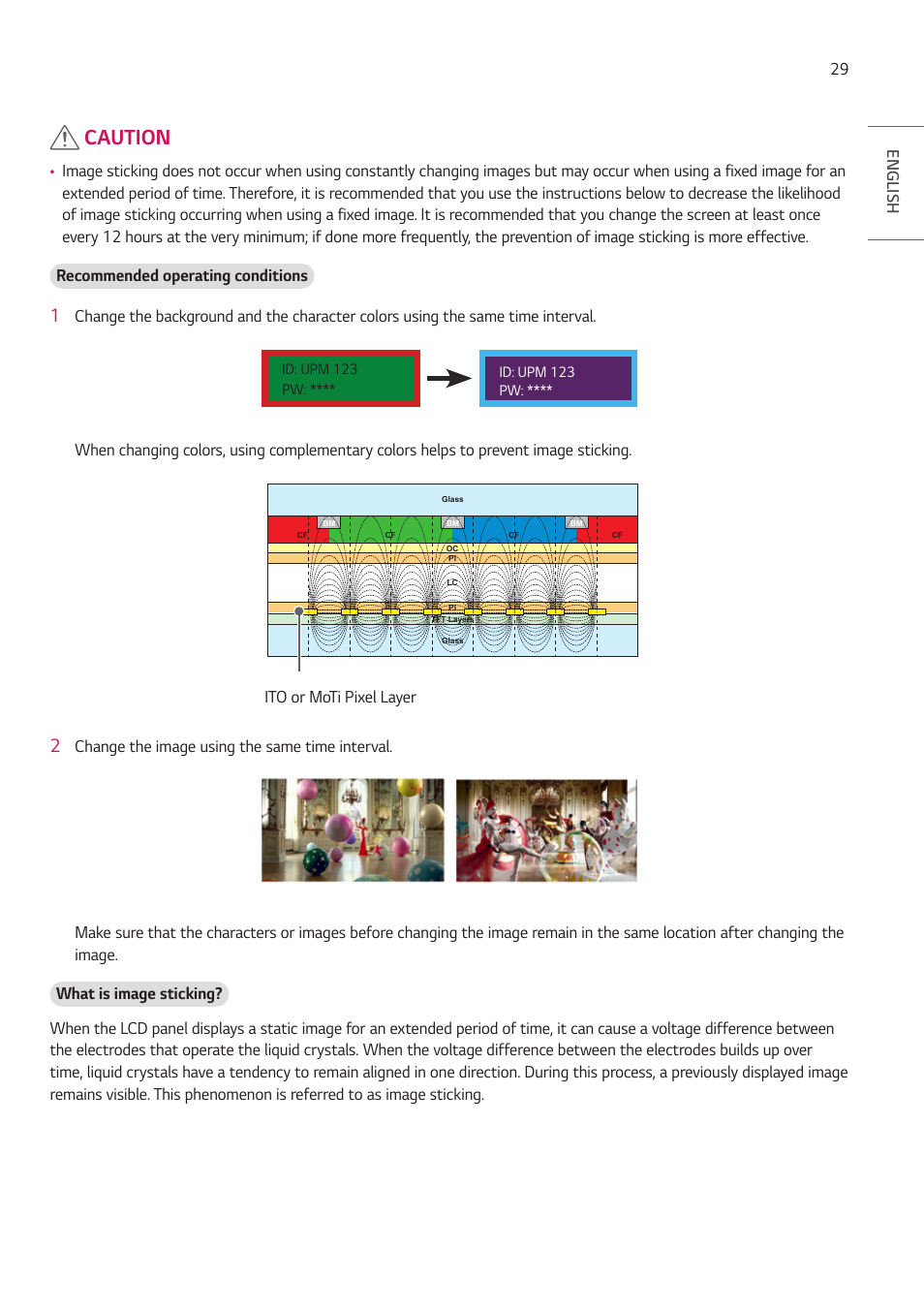 Caution, 29 english, Ito or moti pixel layer | LG UH5F-H 65" Class 4K UHD Digital Signage & Conference Room SmIPS LED Display User Manual | Page 29 / 39