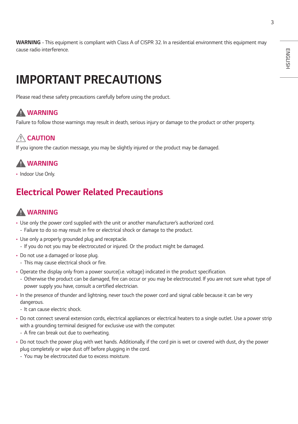 Important precautions, Electrical power related precautions | LG UH5F-H 65" Class 4K UHD Digital Signage & Conference Room SmIPS LED Display User Manual | Page 3 / 39