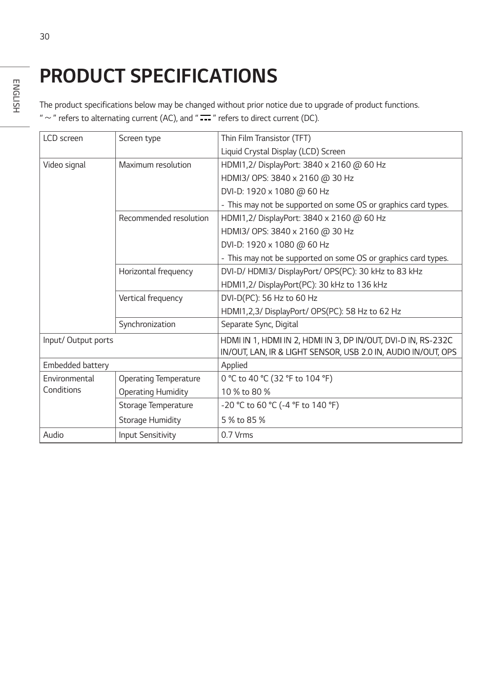 Product specifications | LG UH5F-H 65" Class 4K UHD Digital Signage & Conference Room SmIPS LED Display User Manual | Page 30 / 39