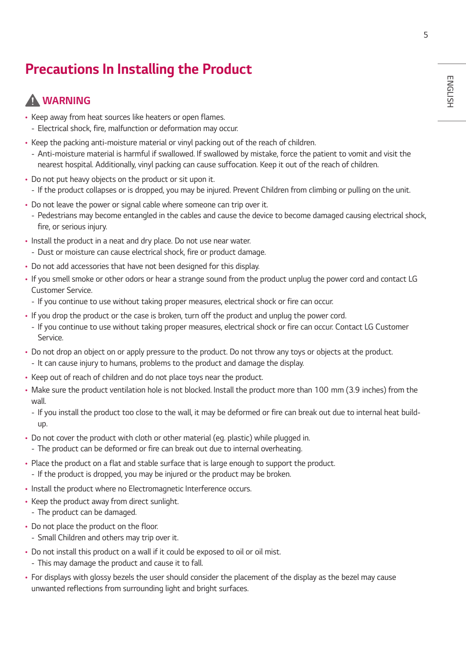 Precautions in installing the product, Warning | LG UH5F-H 65" Class 4K UHD Digital Signage & Conference Room SmIPS LED Display User Manual | Page 5 / 39