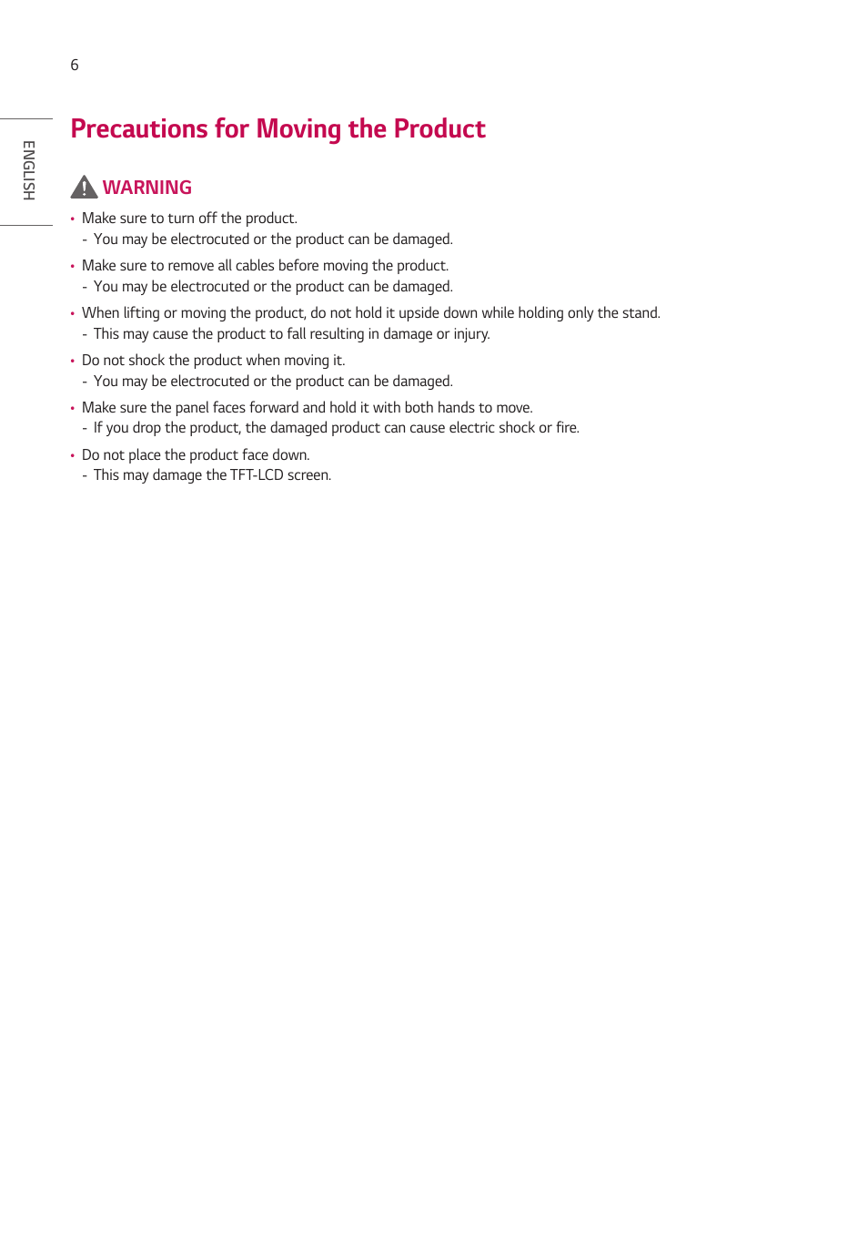 Precautions for moving the product | LG UH5F-H 65" Class 4K UHD Digital Signage & Conference Room SmIPS LED Display User Manual | Page 6 / 39