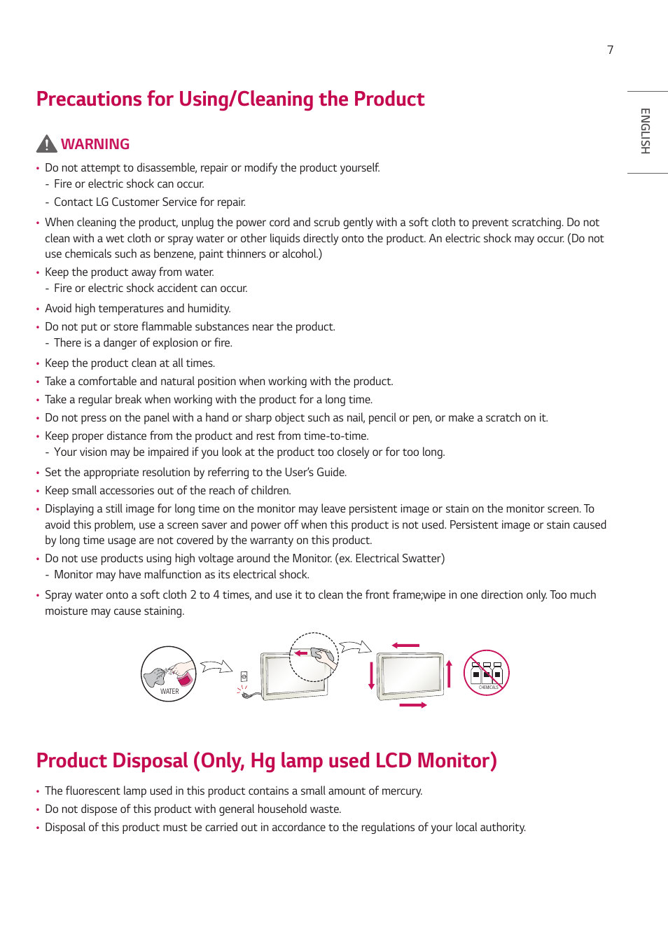 Precautions for using/cleaning the product, Product disposal (only, hg lamp used lcd monitor), Product disposal (only, hg lamp used lcd | Monitor), Warning | LG UH5F-H 65" Class 4K UHD Digital Signage & Conference Room SmIPS LED Display User Manual | Page 7 / 39