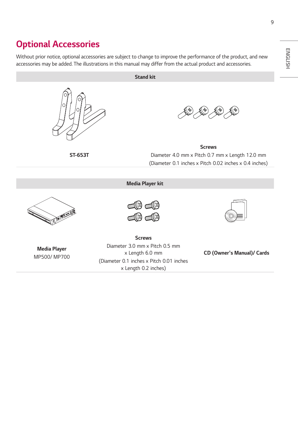 Optional accessories | LG UH5F-H 65" Class 4K UHD Digital Signage & Conference Room SmIPS LED Display User Manual | Page 9 / 39