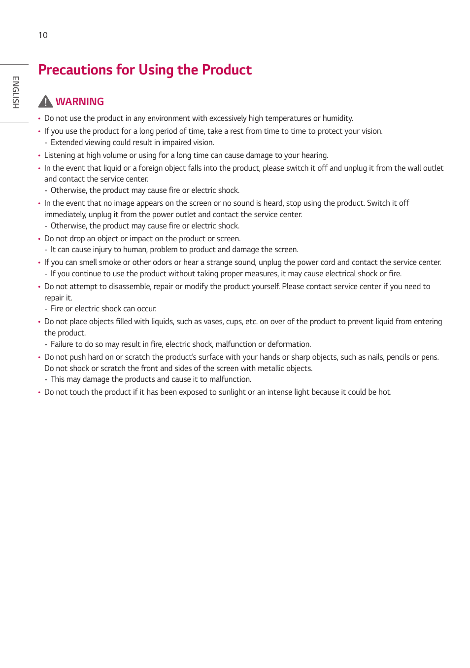 Precautions for using the product, Warning | LG LAA015F130 130" Full HD HDR Video Wall Bundle (TAA Compliant) User Manual | Page 10 / 121