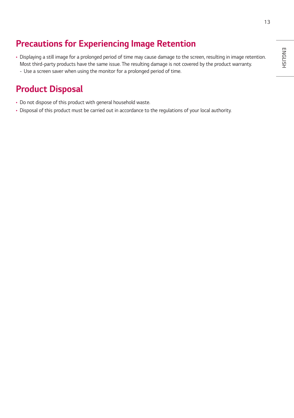 Precautions for experiencing image retention, Product disposal, Precautions for experiencing image | Retention | LG LAA015F130 130" Full HD HDR Video Wall Bundle (TAA Compliant) User Manual | Page 13 / 121