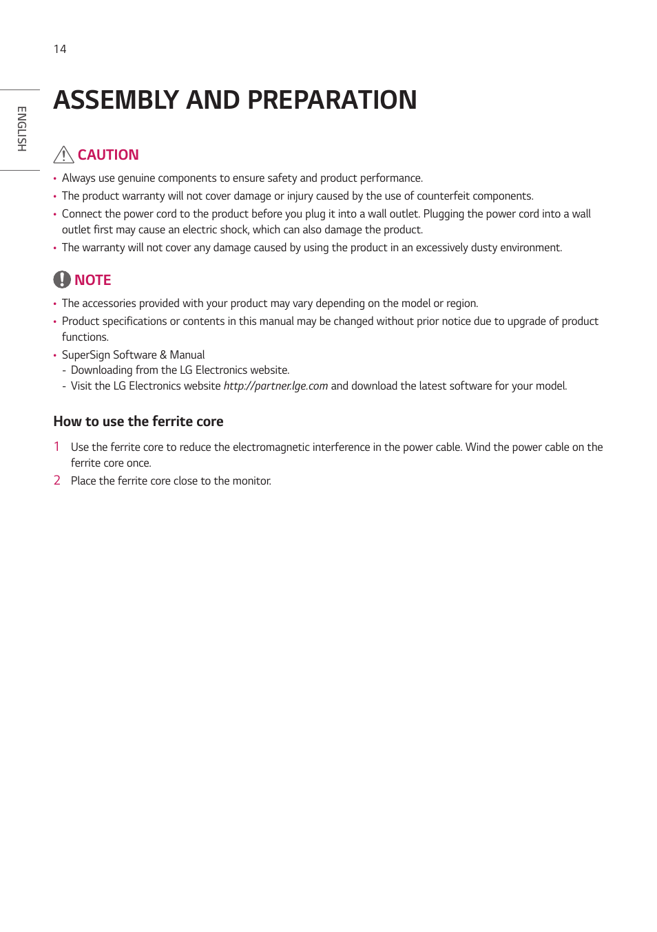 Assembly and preparation, Assembly and, Preparation | LG LAA015F130 130" Full HD HDR Video Wall Bundle (TAA Compliant) User Manual | Page 14 / 121