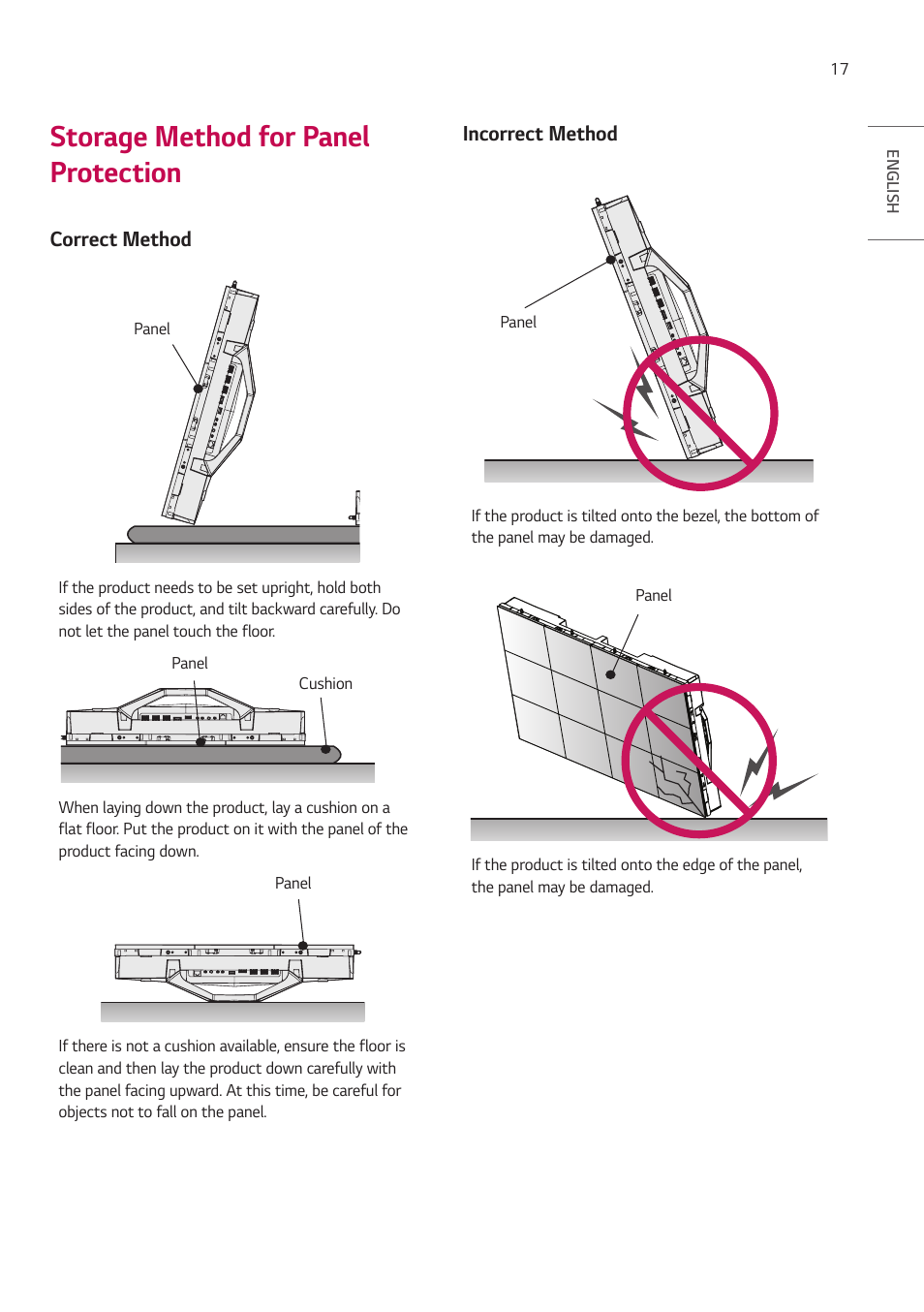 Storage method for panel protection | LG LAA015F130 130" Full HD HDR Video Wall Bundle (TAA Compliant) User Manual | Page 17 / 121