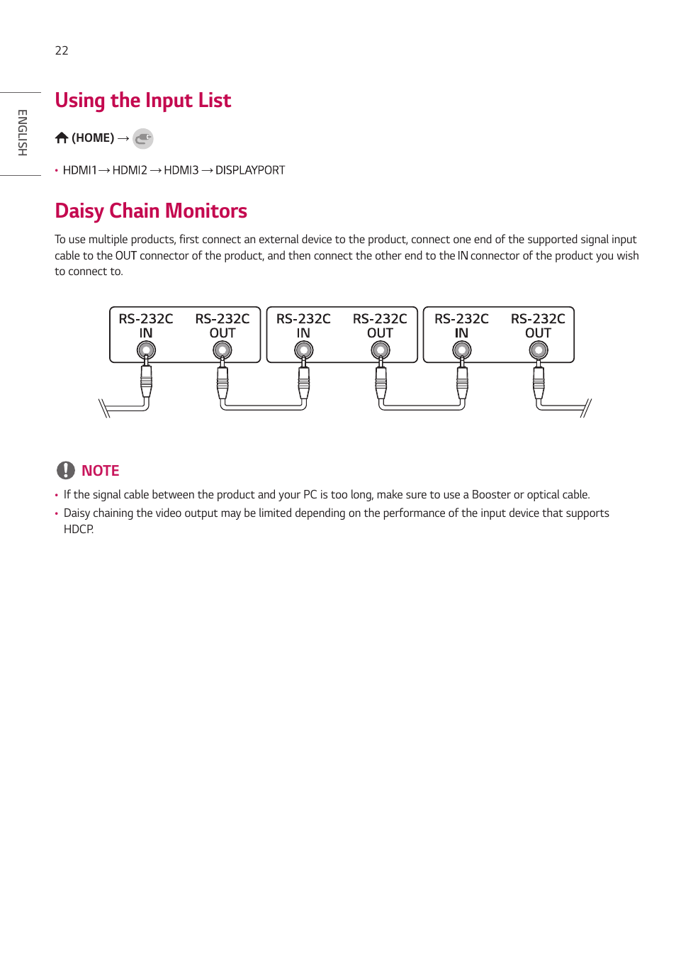 Using the input list, Daisy chain monitors | LG LAA015F130 130" Full HD HDR Video Wall Bundle (TAA Compliant) User Manual | Page 22 / 121