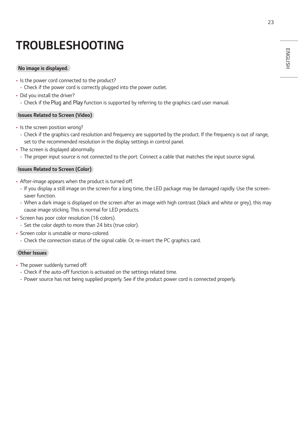 Troubleshooting | LG LAA015F130 130" Full HD HDR Video Wall Bundle (TAA Compliant) User Manual | Page 23 / 121