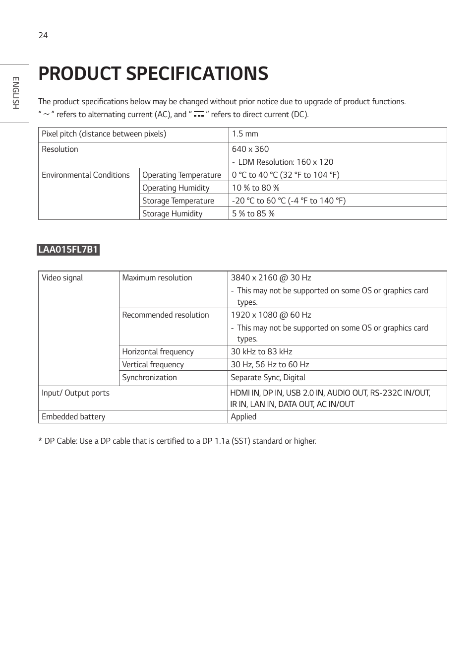 Product specifications | LG LAA015F130 130" Full HD HDR Video Wall Bundle (TAA Compliant) User Manual | Page 24 / 121