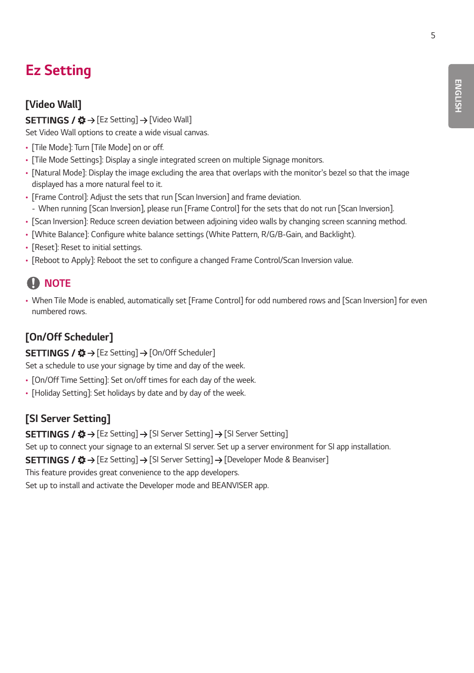 Ez setting, Video wall, On/off scheduler | Si server setting, Video wall] [on/off scheduler] [si server setting | LG LAA015F130 130" Full HD HDR Video Wall Bundle (TAA Compliant) User Manual | Page 33 / 121