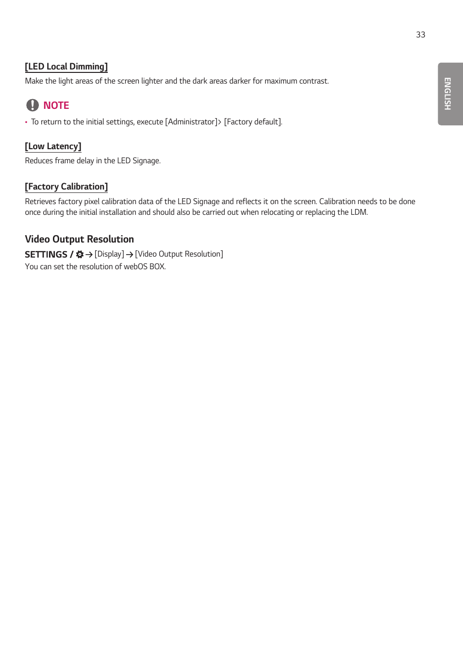 Video output resolution | LG LAA015F130 130" Full HD HDR Video Wall Bundle (TAA Compliant) User Manual | Page 61 / 121
