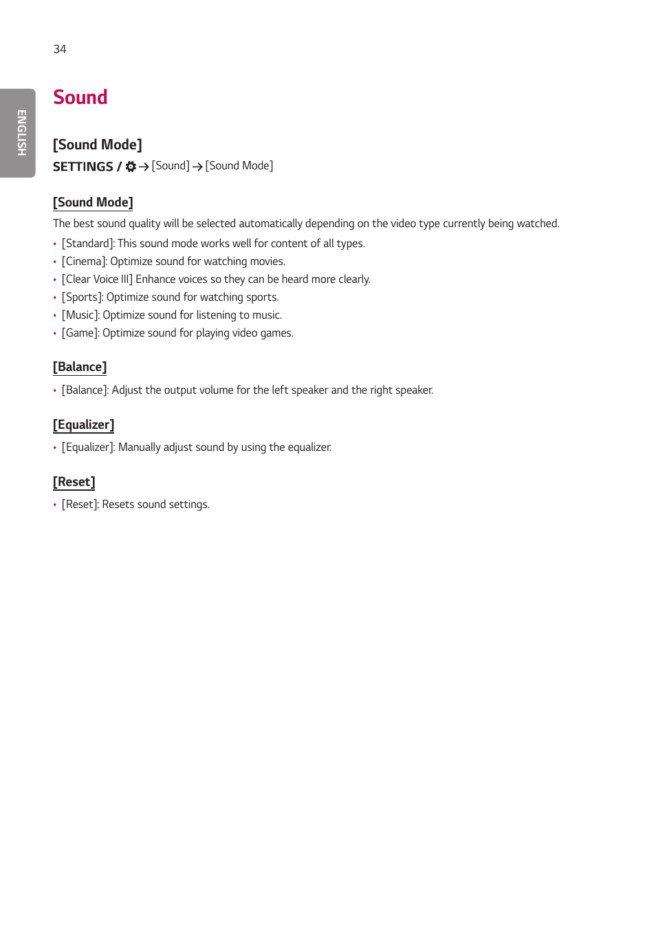 Sound, Sound mode | LG LAA015F130 130" Full HD HDR Video Wall Bundle (TAA Compliant) User Manual | Page 62 / 121