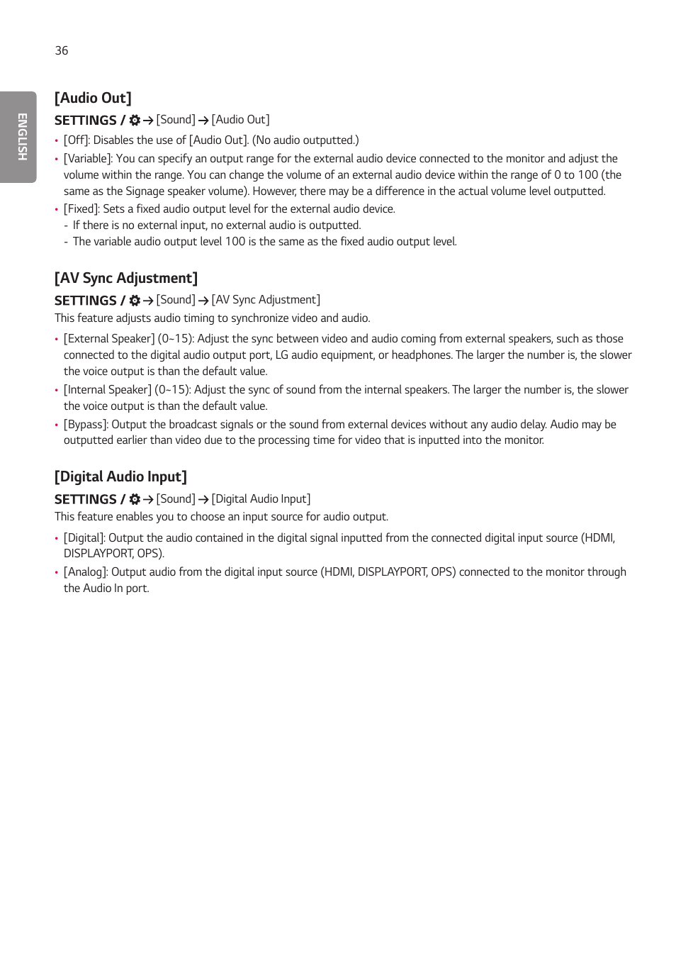 Audio out, Av sync adjustment, Digital audio input | LG LAA015F130 130" Full HD HDR Video Wall Bundle (TAA Compliant) User Manual | Page 64 / 121