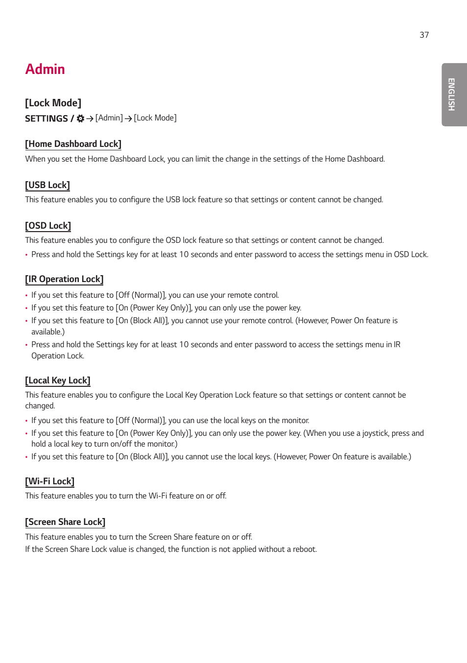 Admin, Lock mode | LG LAA015F130 130" Full HD HDR Video Wall Bundle (TAA Compliant) User Manual | Page 65 / 121