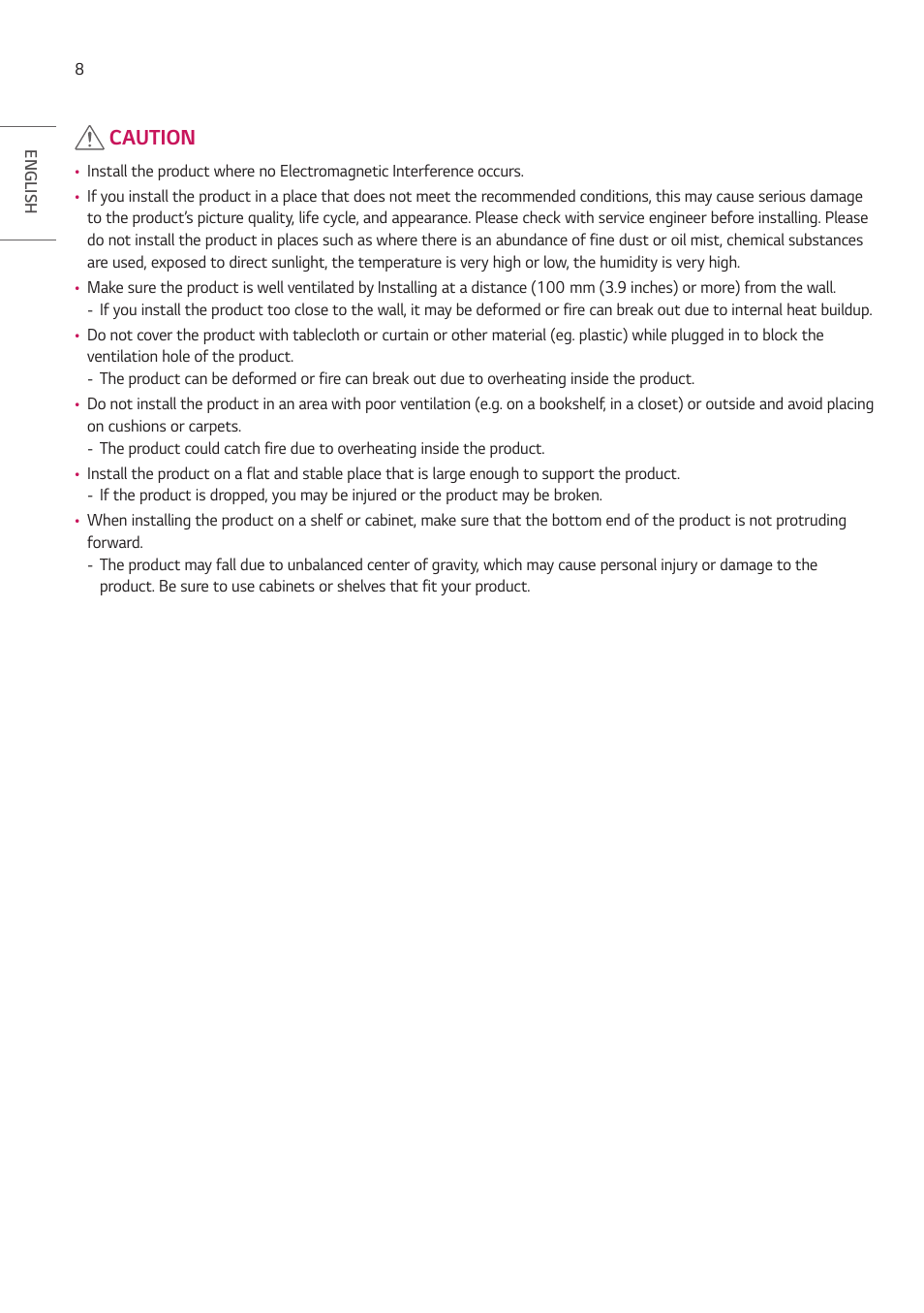 Caution | LG LAA015F130 130" Full HD HDR Video Wall Bundle (TAA Compliant) User Manual | Page 8 / 121