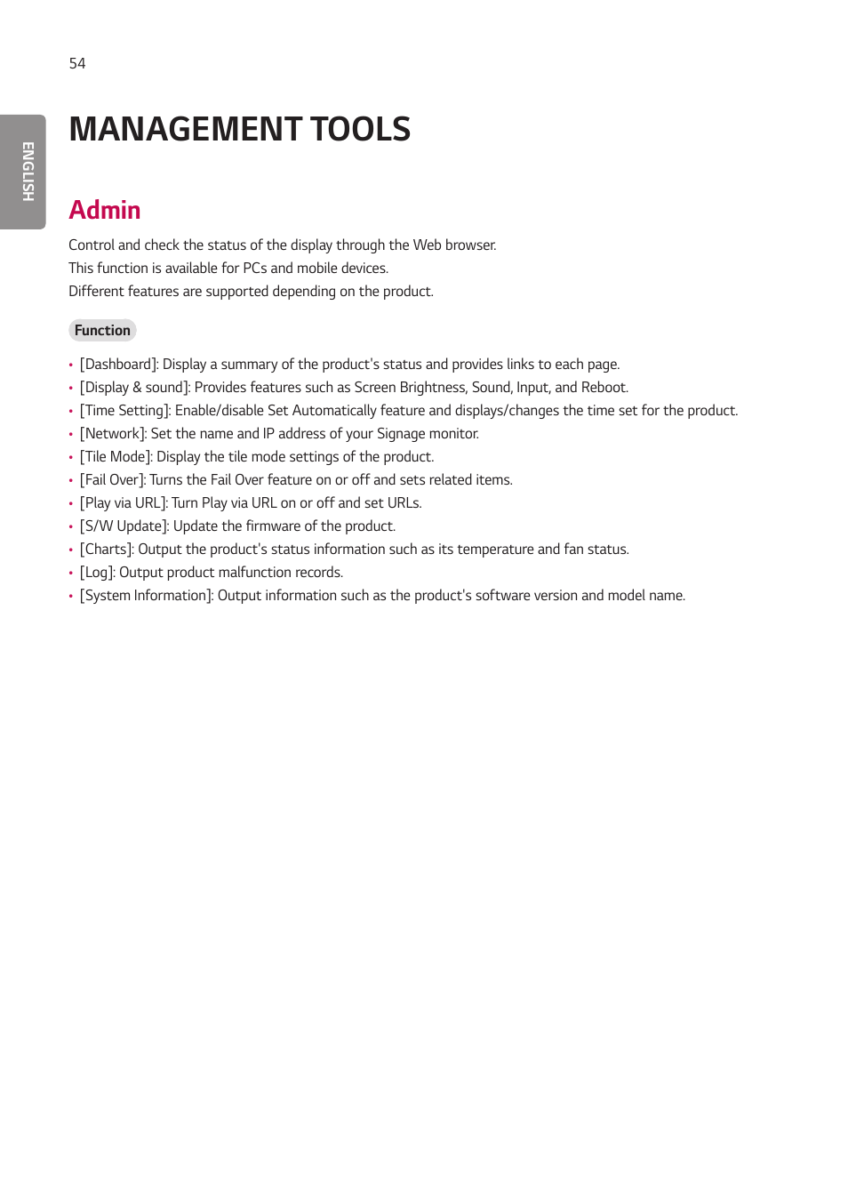 Management tools, Admin | LG LAA015F130 130" Full HD HDR Video Wall Bundle (TAA Compliant) User Manual | Page 82 / 121