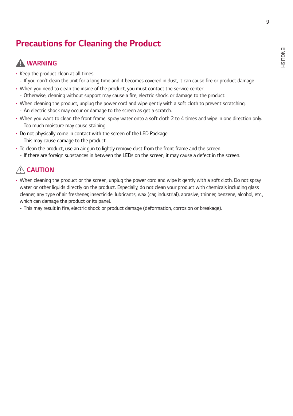 Precautions for cleaning the product | LG LAA015F130 130" Full HD HDR Video Wall Bundle (TAA Compliant) User Manual | Page 9 / 121