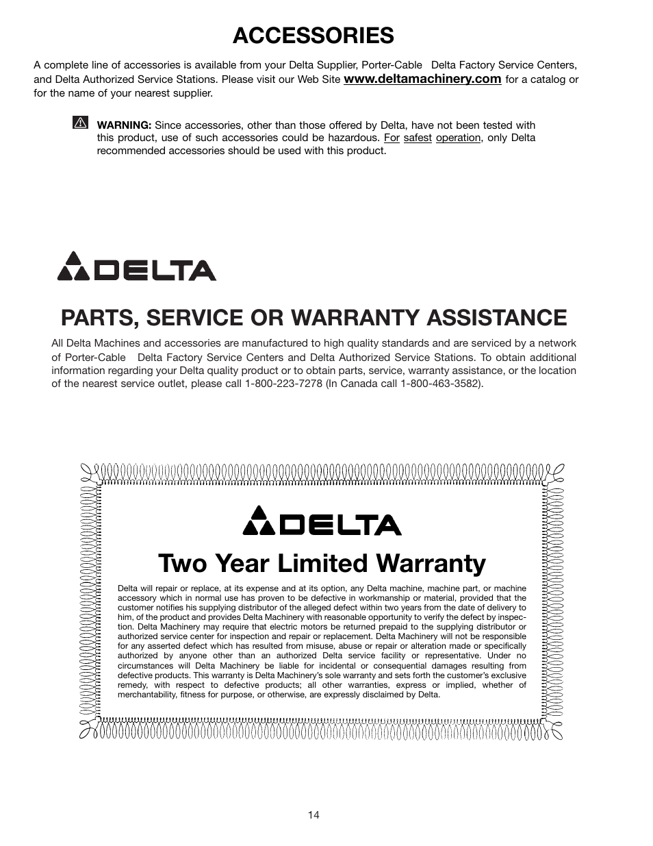 Two year limited warranty, Parts, service or warranty assistance, Accessories | Delta 23-735 User Manual | Page 14 / 16