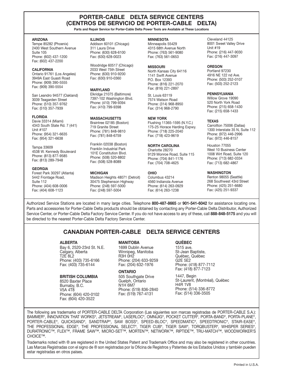 Porter-cable, Delta), Canadian porter-cable | Delta service centers | Delta 23-735 User Manual | Page 16 / 16