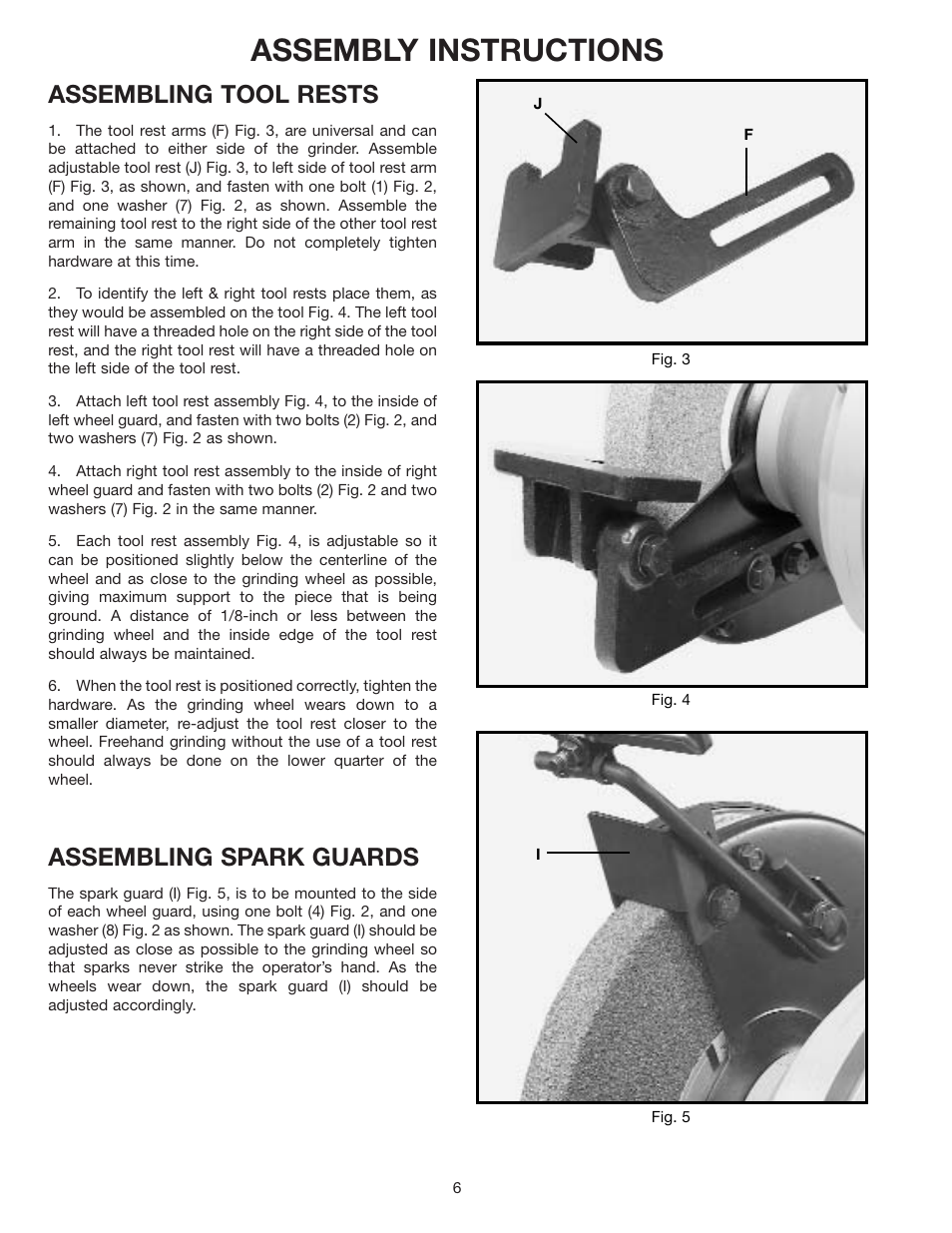 Assembly instructions, Assembling tool rests, Assembling spark guards | Delta 23-735 User Manual | Page 6 / 16