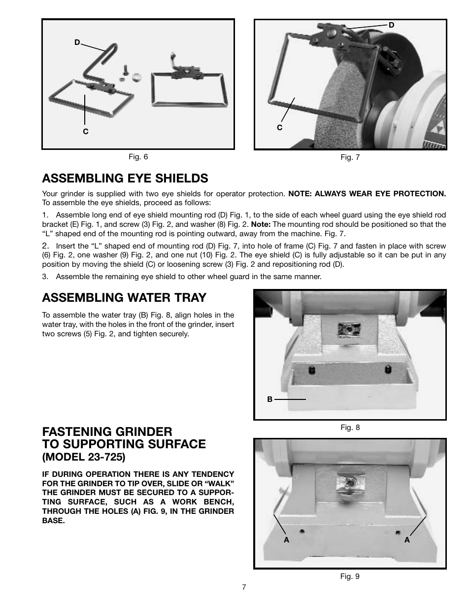 Assembling eye shields, Assembling water tray, Fastening grinder to supporting surface | Delta 23-735 User Manual | Page 7 / 16