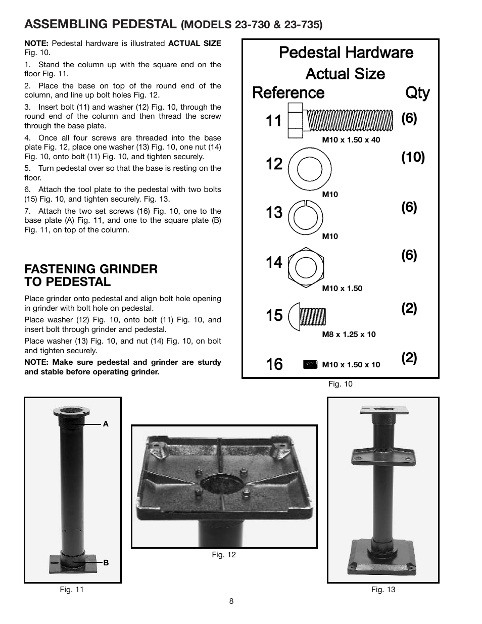 Assembling pedestal, Fastening grinder to pedestal | Delta 23-735 User Manual | Page 8 / 16